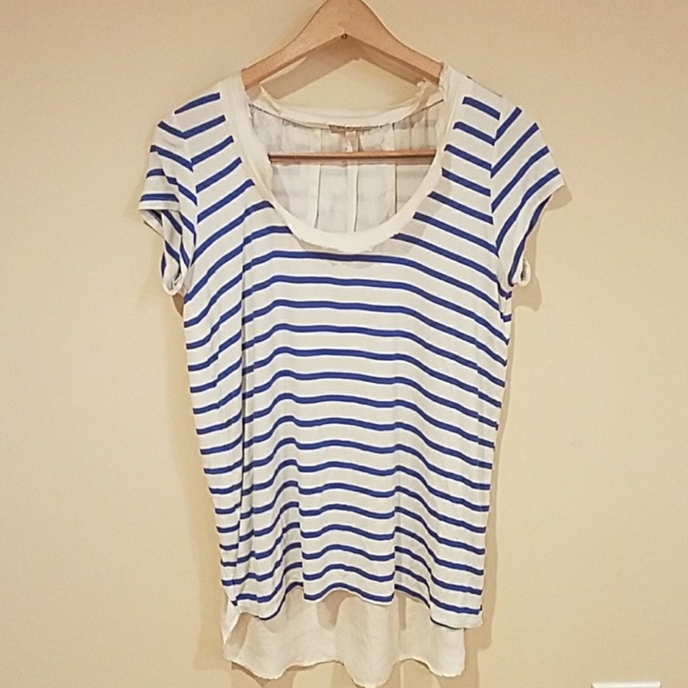 🩶5/$30 Bordeaux Hi-low Open Back Cream Blue Striped Short Sleeve Top Size Small